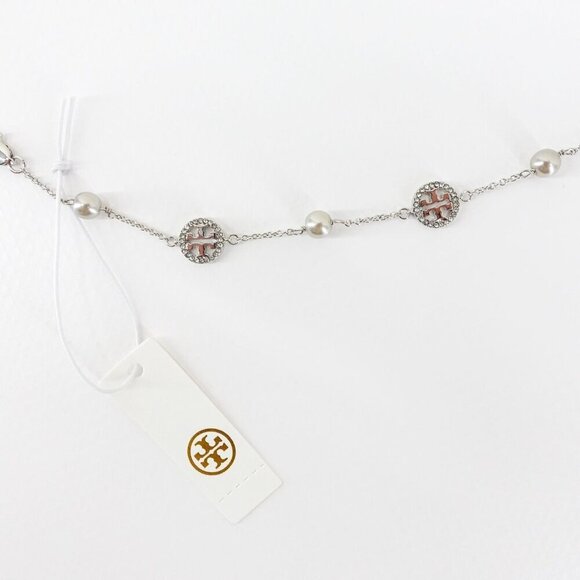 Tory Burch Crystal Logo & Imitation Pearl Station Bracelet Silver OS - Picture 5 of 15